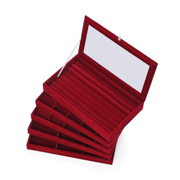 5-lagige stapelbare 26x15x14,5 cm Schmuckbox mit 5 Silber-Poliert&uuml;chern, Rot