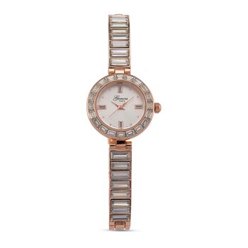 GENOA Time V2, Wei&szlig; diamantfarbene Zirkonia, Kristalluhr, japanisches Uhrwerk, 316L Edelstahl, Rosa