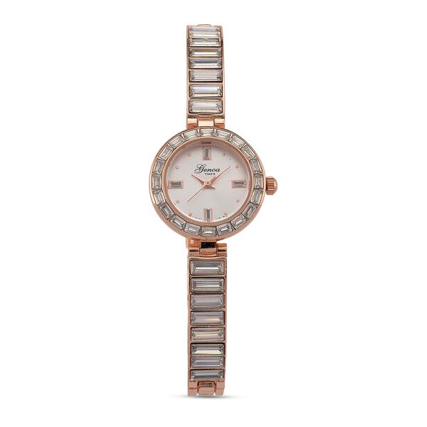 GENOA Time V2, Wei&szlig; diamantfarbene Zirkonia, Kristalluhr, japanisches Uhrwerk, 316L Edelstahl, Rosa