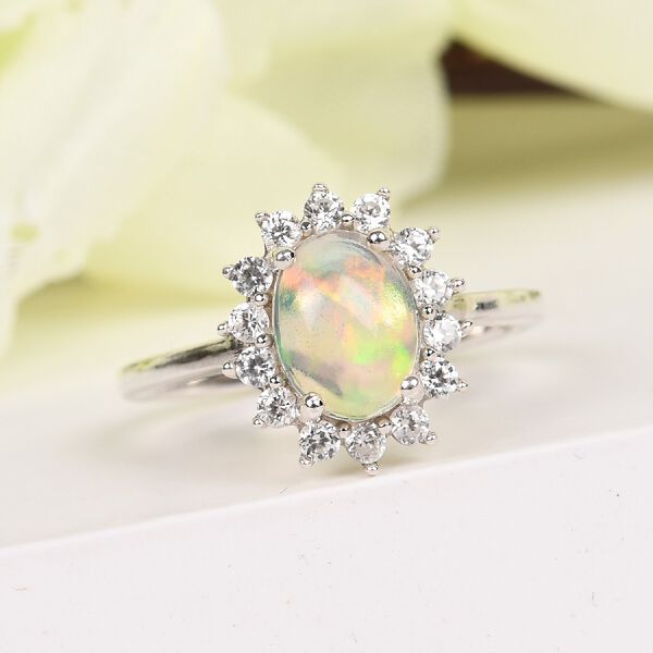 Nat&uuml;rlicher &Auml;thiopischer Opal und Zirkon Halo Ring 925 Silber Platin-&Uuml;berzug image number 2