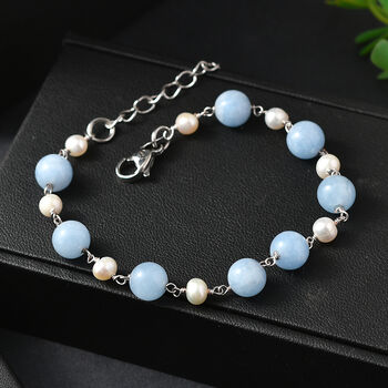 EVER TRUE Milchiger Aquamarin, S&uuml;&szlig;wasser Perle Armband ca. 19 cm 316L Edelstahl Platiniert