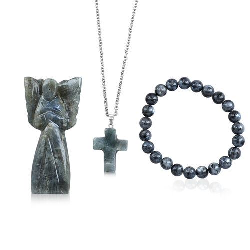 3er-Set aus Labradorit: Schutzengel (7.6 cm), Armband mit 8 mm Perlen und Kreuzanhänger (2.5 cm), handgefertigt, Grün-Schimmernd image number 0