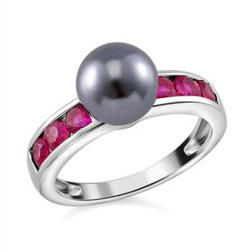 Tahiti Muschelkernperle, Afrikanischer Rubin (Fissure gefüllt) Ring 925 Silber platiniert (Größe 16.00)