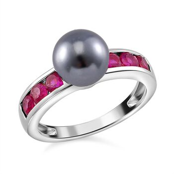 Tahiti Muschelkernperle, Afrikanischer Rubin (Fissure gef&uuml;llt) Ring 925 Silber platiniert (Gr&ouml;&szlig;e 16.00)