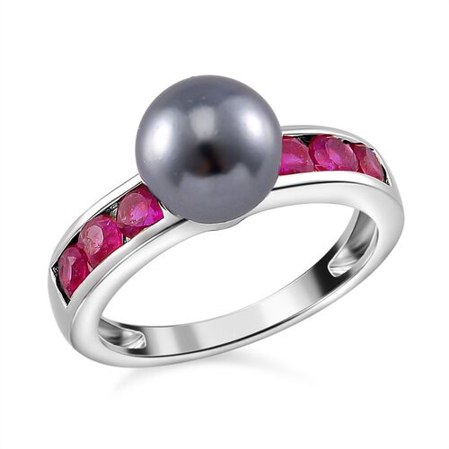 Tahiti Muschelkernperle, Afrikanischer Rubin (Fissure gefüllt) Ring 925 Silber platiniert (Größe 16.00) image number 0