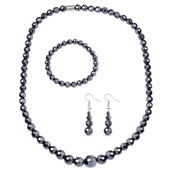 3er Set Hämatit Halskette, flexibles Armband und Ohrringe Schmuckset image number 0