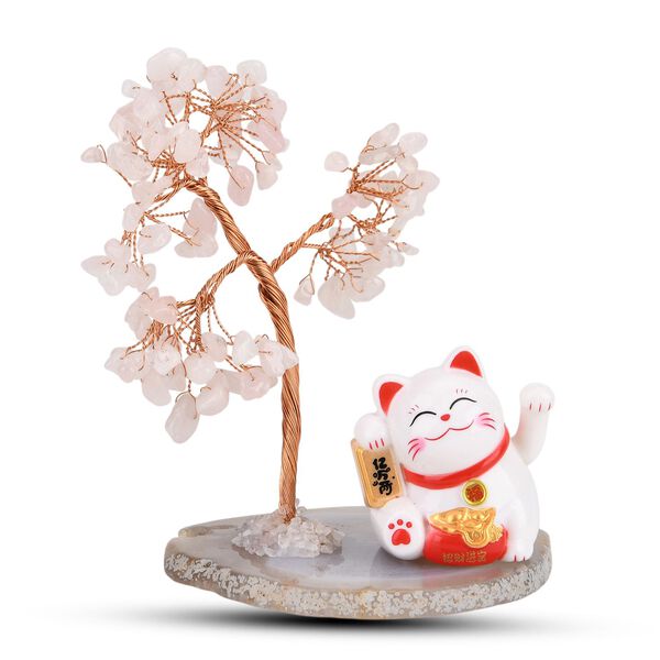 LIVMORE Solar Edelstein Gl&uuml;ckskatze Dekoration mit Achatbasis und 108 Rosenquarz Steinen ca. 11 cm Rosa