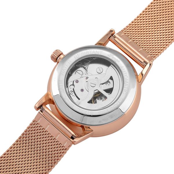 GENOA TIME - V2 Automatik Armbanduhr, Geh&auml;use 316 Edelstahl Sonnenschein Zifferblatt mit wei&szlig;em Diamant Edelstahl Mesharmband ros&eacute;goldfarben image number 8