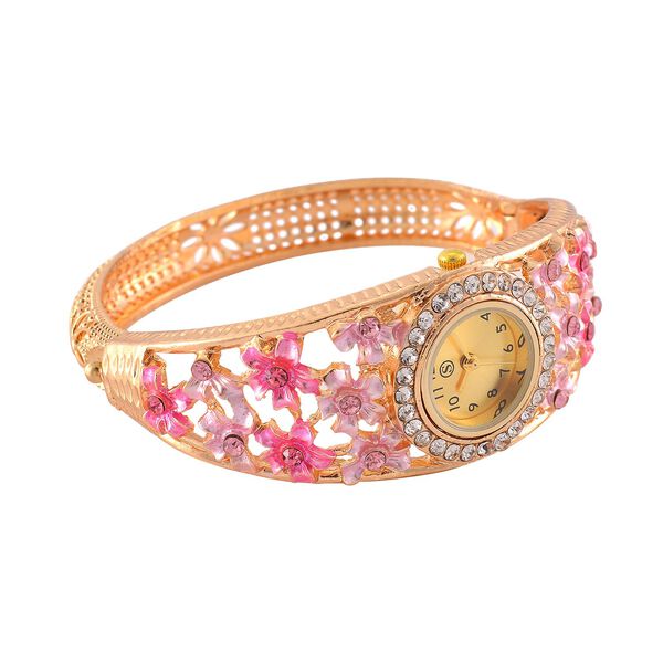 Strada - Elegante Bangle-Uhr mit Gold-Sonne-Zifferblatt, Lila und wei&szlig;e Kristallen, Japanischem Uhrwerk, Reiner Edelstahl, emailliert, Rosa image number 5
