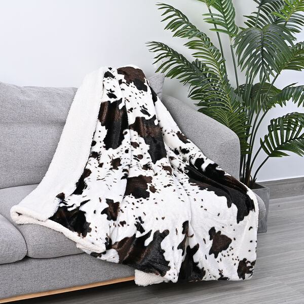 Luxus Kollektion - Superweiche Kunstfelldecke mit Sherpa Futter, Kuh-Muster, Gr&ouml;&szlig;e 150x200 cm, Wei&szlig; und Dunkelbraun