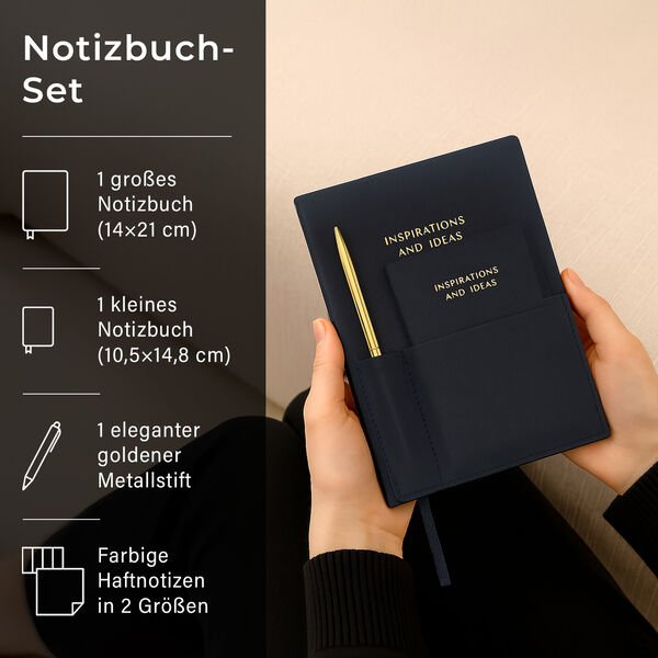 Notizbuch-Set, Dunkelblau, 2 Gr&ouml;&szlig;en, PU-Einband, Metallstift, Geschenkbox Schwarz image number 2