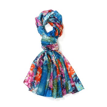 LA MAREY - 100% Maulbeeren-Seidenschal, Chiffon, 110x180 cm, Blau-Rot