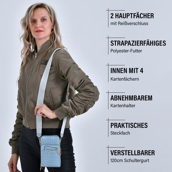 PASSAGE Crossbody Tasche aus PU-Lackleder mit Krokoprägung und RFID-Schutz, 18x7x11 cm, Himmelblau image number 2