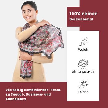 Bedruckter Schal aus 100% Seide, Mehrfarbiges Muster mit schwarzer Bord&uuml;re, 70x200 cm