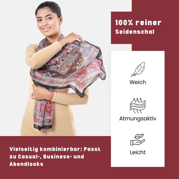 Bedruckter Schal aus 100% Seide, Mehrfarbiges Muster mit schwarzer Bordüre, 70x200 cm image number 3