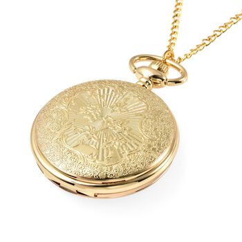 STRADA wei&szlig;e Muschelkernperle Taschenuhr mit 79cm Kette im Doppel-Koi-Motiv, Japanisches Uhrwerk