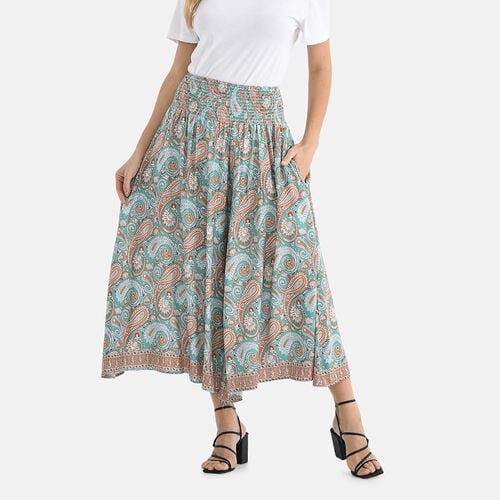 Gesmokte Taillen-Culottes mit Damastmuster, locker, bequem, elastischer Bund, 100 % Viskose, Einheitsgröße, Beige