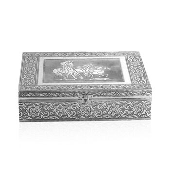 Schmuckk&auml;stchen aus Holz mit Aluminiumbeschlag, Pferde-Verzierung, Silber