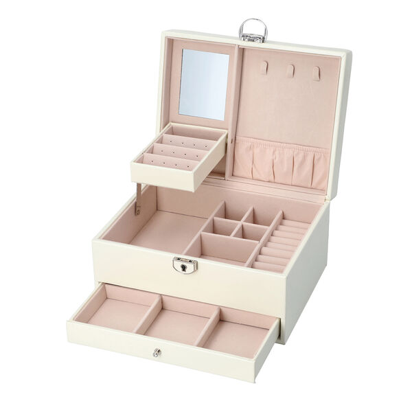 3-lagiges PU-Leder-Schmuckk&auml;stchen, herausnehmbare Elemente und Schloss, kariertes Steppmuster, wei&szlig; image number 5