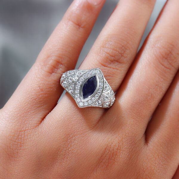 Masoala Saphir (Fissure gefüllt) und Zirkon Ring 925 Silber platiniert image number 3