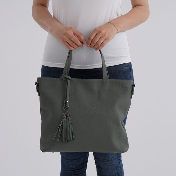 Echtleder-Tote-Bag mit Reißverschlussfach hinten, Doppeltragegriff und Schulterriemen, 35x10x33 cm, Grün image number 2