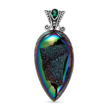 Sajen Silber - Fenster Drusy, Himmlischer Smaragd Quarz Dublett Anh&auml;nger 925 Silber rhodiniert ca. 60.75 ct