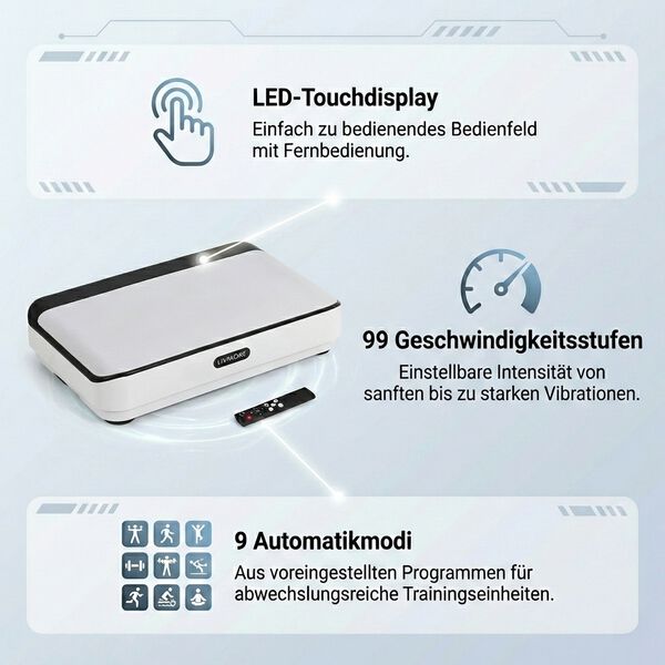 LIVMORE Vibrationsplatte Trainingsger&auml;t mit Fernbedienung, LED Display, Wei&szlig; image number 3