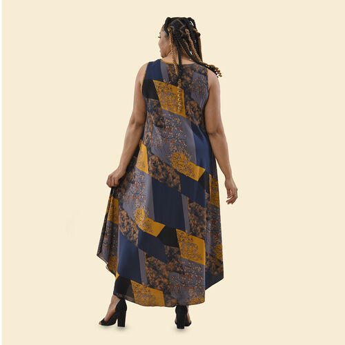 TAMSY bedrucktes Sommerkleid, Rautenmuster, Dunkelblau und gelb image number 1