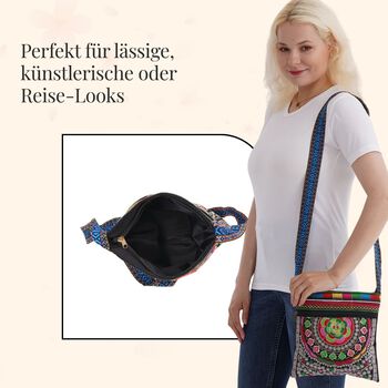Crossbody-Tasche mit floraler Stickerei, ethnischem Boho-Muster, 23&times;24 cm, Schwarz mit Lila-Motiven