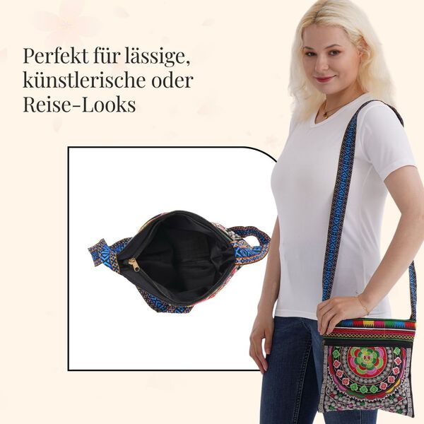 Crossbody-Tasche mit floraler Stickerei, ethnischem Boho-Muster, 23&times;24 cm, Schwarz mit Lila-Motiven image number 4