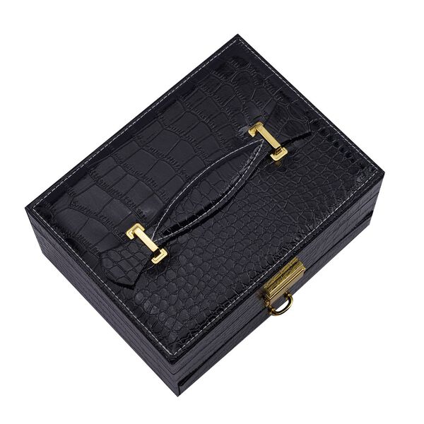 2-lagige Kunstleder-Schmuckschatulle mit Kroko-Pr&auml;gung und Schloss mit Schl&uuml;ssel, 21.3x17.3x11.5cm, Schwarz image number 3