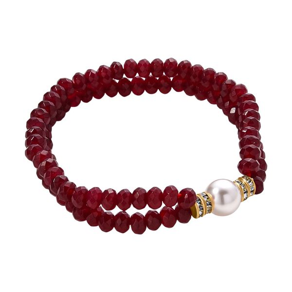 Weiße Muschelkernperle (9-11 mm) Armband mit Roter Quarzit, flexibel, Goldfarben image number 3