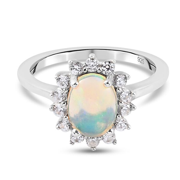 Nat&uuml;rlicher &Auml;thiopischer Opal und Zirkon Halo Ring 925 Silber Platin-&Uuml;berzug