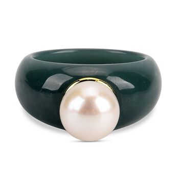 D'Joy nat&uuml;rlicher Olmek Jadeit und wei&szlig;er Edison Perle Ring