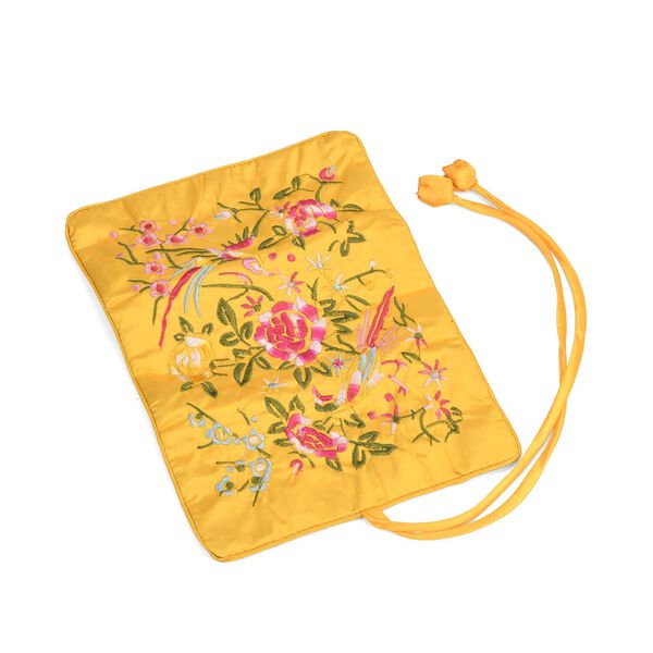 Reise-Schmuckrolle mit Stickmuster 1 Organizer + 5 Silberputzt&uuml;cher Satin, Gelb image number 3