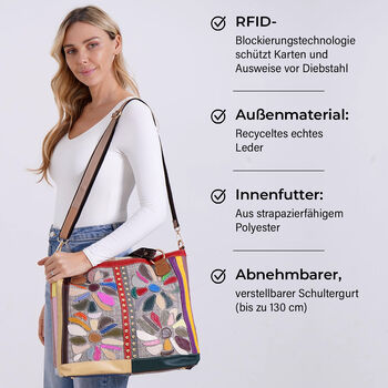 Chaos by Elsie Echtleder Crossbody Tasche mit RFID, Beige mit Blumen, 2 Au&szlig;entaschen, 1 Innen-Rei&szlig;verschlusstasche, Mini-Flashlight