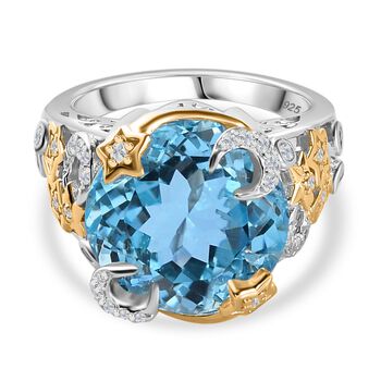Himmelblauer Topas, Wei&szlig;er Zirkon Ring 925 Silber Zweifarbige Beschichtung (Gr&ouml;&szlig;e 17.00) ca. 12,87 ct
