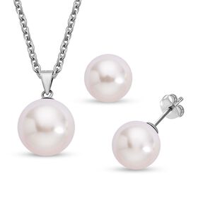 2er Set - Weiße Muschelkernperlen-Anhänger und Ohrringe, 925 Silber rhodiniert und Edelstahl 19.00 ct