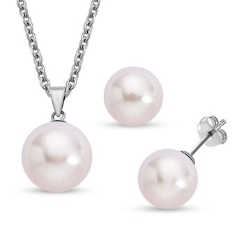 2er Set - Wei&szlig;e Muschelkernperlen-Anh&auml;nger und Ohrringe, 925 Silber rhodiniert und Edelstahl 19.00 ct