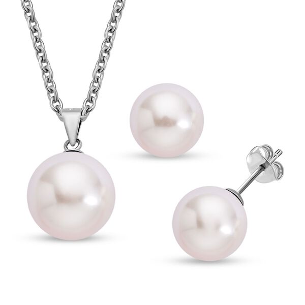 2er Set - Wei&szlig;e Muschelkernperlen-Anh&auml;nger und Ohrringe, 925 Silber rhodiniert und Edelstahl 19.00 ct