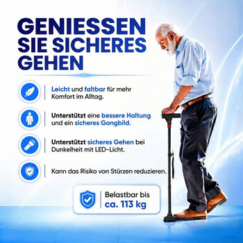 LIVMORE Smart Gehstock, klappbar, 85-97cm, LED Licht, SOS Alarm, Schwarz
