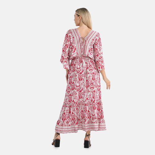 Maxikleid mit Platzdruck, Kimono-Ärmeln, elastischer Taille und Stufenrock, Rückenschleife, 100% Viskose, 38x135 cm (erweiterbar bis 62 cm), Rot gemustert, Rosa image number 1