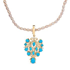D joy Sleeping Beauty Türkis, Weiße Süßwasserperle Anhänger mit Kette, 925 Silber 750 Gelbgold Vermeil
