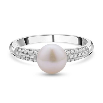 Wei&szlig;e S&uuml;&szlig;wasserzuchtperle, Wei&szlig;er Zirkon Ring 925 Silber rhodiniert (Gr&ouml;&szlig;e 16.00) ca. 0,39 ct