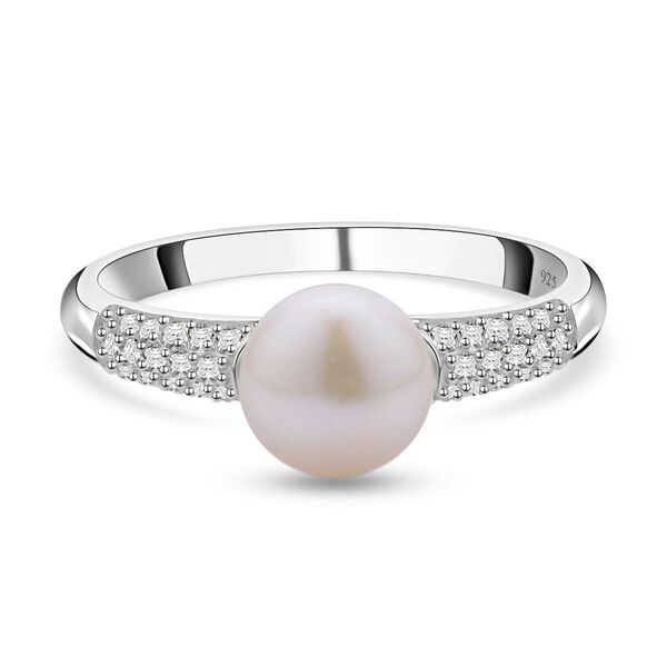 Wei&szlig;e S&uuml;&szlig;wasserzuchtperle, Wei&szlig;er Zirkon Ring 925 Silber rhodiniert (Gr&ouml;&szlig;e 16.00) ca. 0,39 ct
