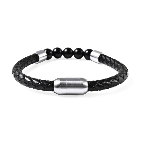 Schwarzes Achatperlen-, Leder Herren-Armband, 20 cm lang, Edelstahl ca. 25,00 ct image number 4