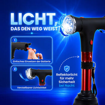 LIVMORE Smart Gehstock, klappbar, 85-97cm, LED Licht, SOS Alarm, Rot