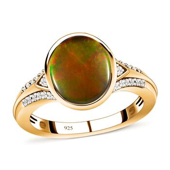 Kanadischer Ammolit und wei&szlig;er Zirkon-Ring, 925 Silber Gelbgold Vermeil (Gr&ouml;&szlig;e 19.00) ca. 2.92 ct