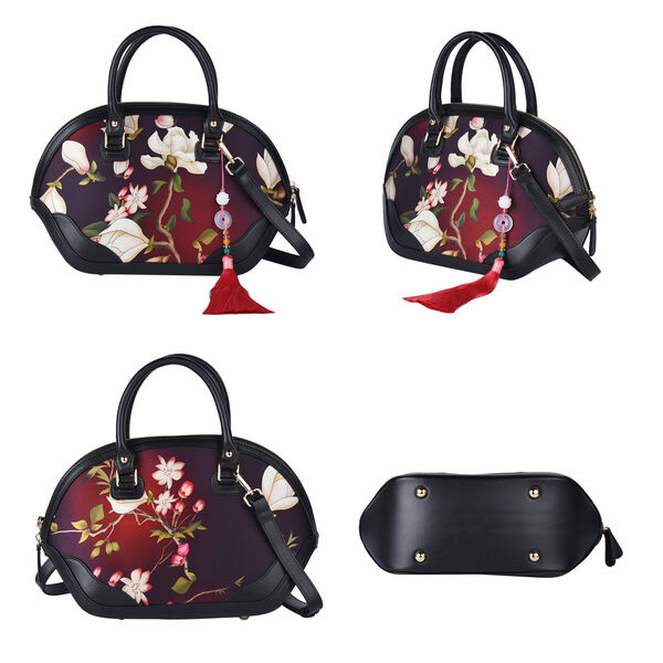 Seidenbrokat Tasche aus 100% Leder mit nat&uuml;rlicher Jade Quaste, Gr&ouml;&szlig;e 35x23x13 cm, Schwarz image number 4