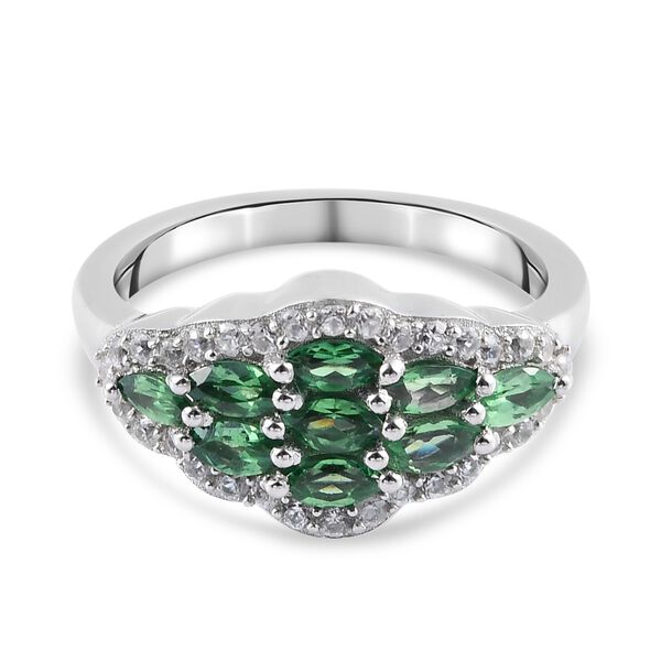 Tsavorit Granat und Zirkon Cluster Ring 925 Silber Platin-&Uuml;berzug